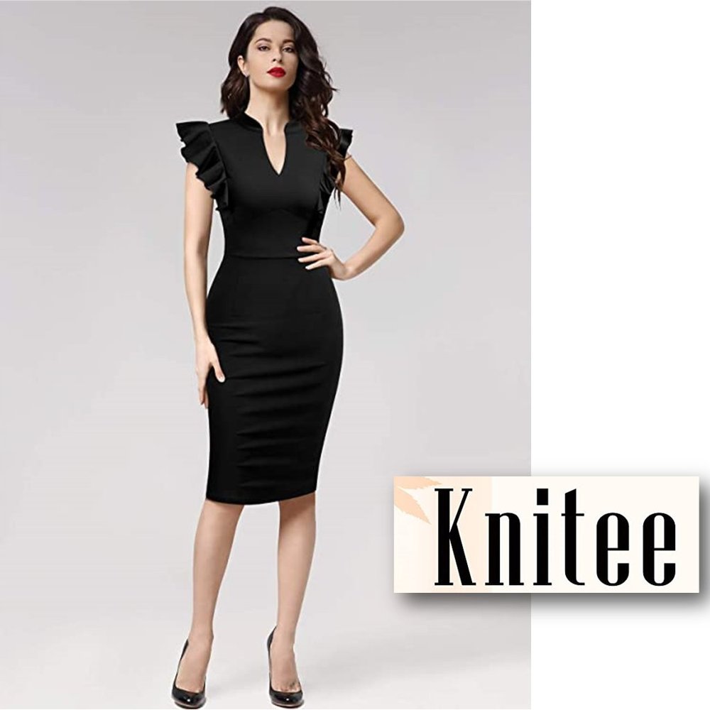 KNITEE Black Ruffle Sleeve V-Neck Bodycon Pencil Dress   🍸  NEW!!